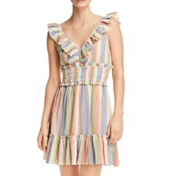 Saylor ANTHROPOLOGIE Sleeveless Rainbow-Stripe Smocked Gauze Mini Dress - Sz M - Picture 1 of 8